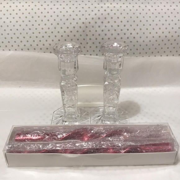 Vintage Pair of Crystal Cut Candlestick Holders Red Christmas Candle Sticks - Picture 7 of 7